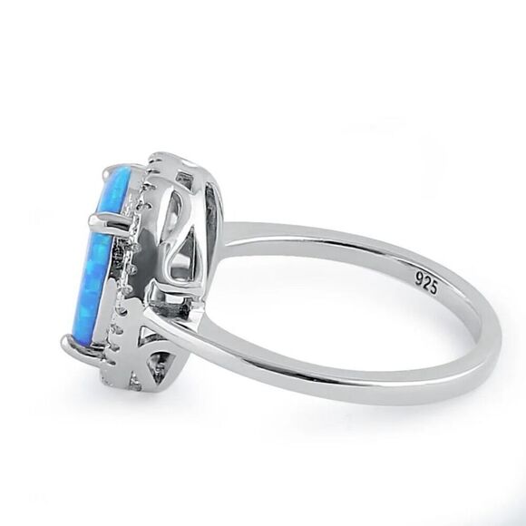 New Sterling Silver Blue Opal Oval Halo Clear CZ Ring - Picture 3 of 3